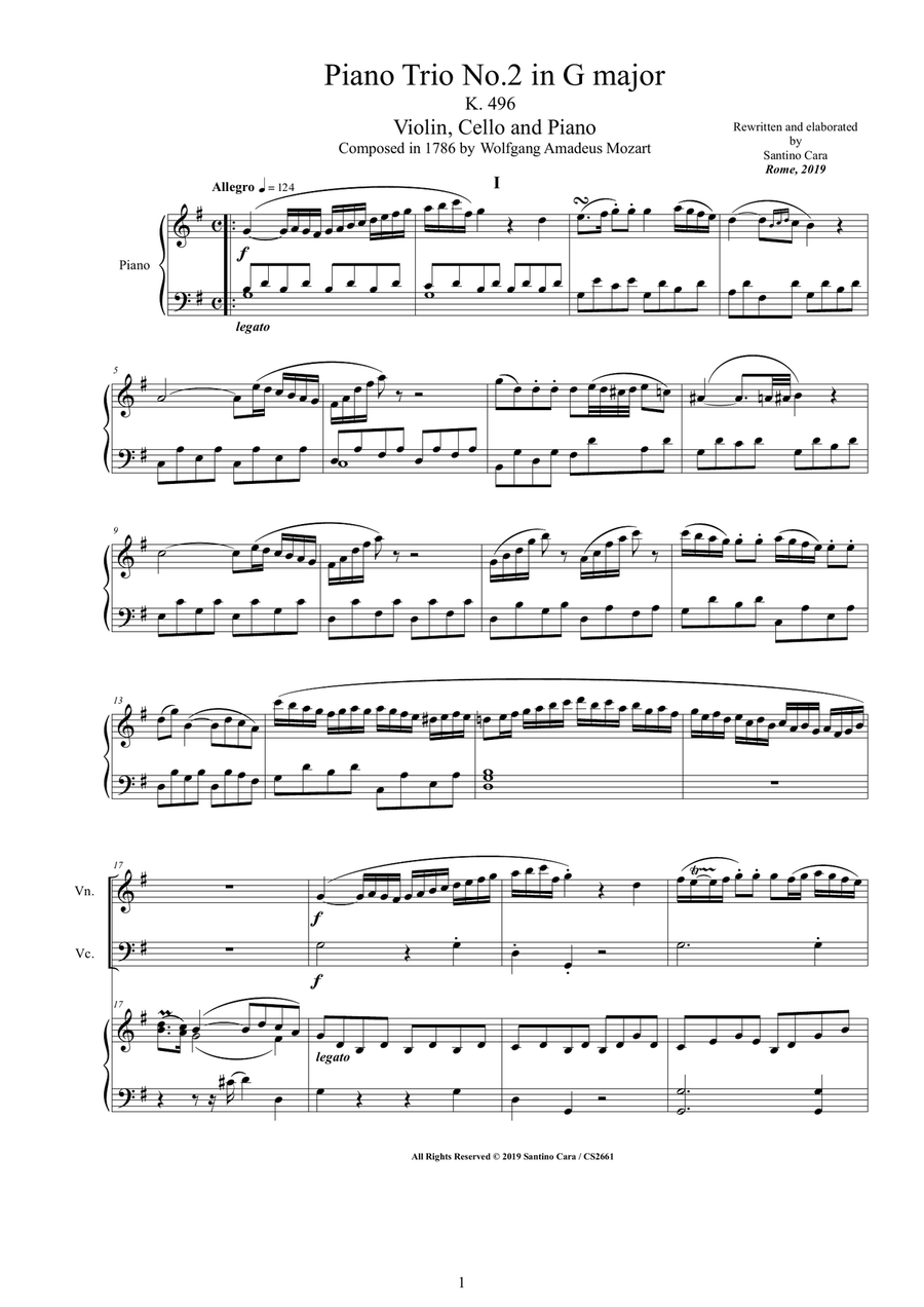 Mozart - Piano Trio No.2 in G major K 496 for Violin, Cello and Piano Cello scores gallery preview page 1