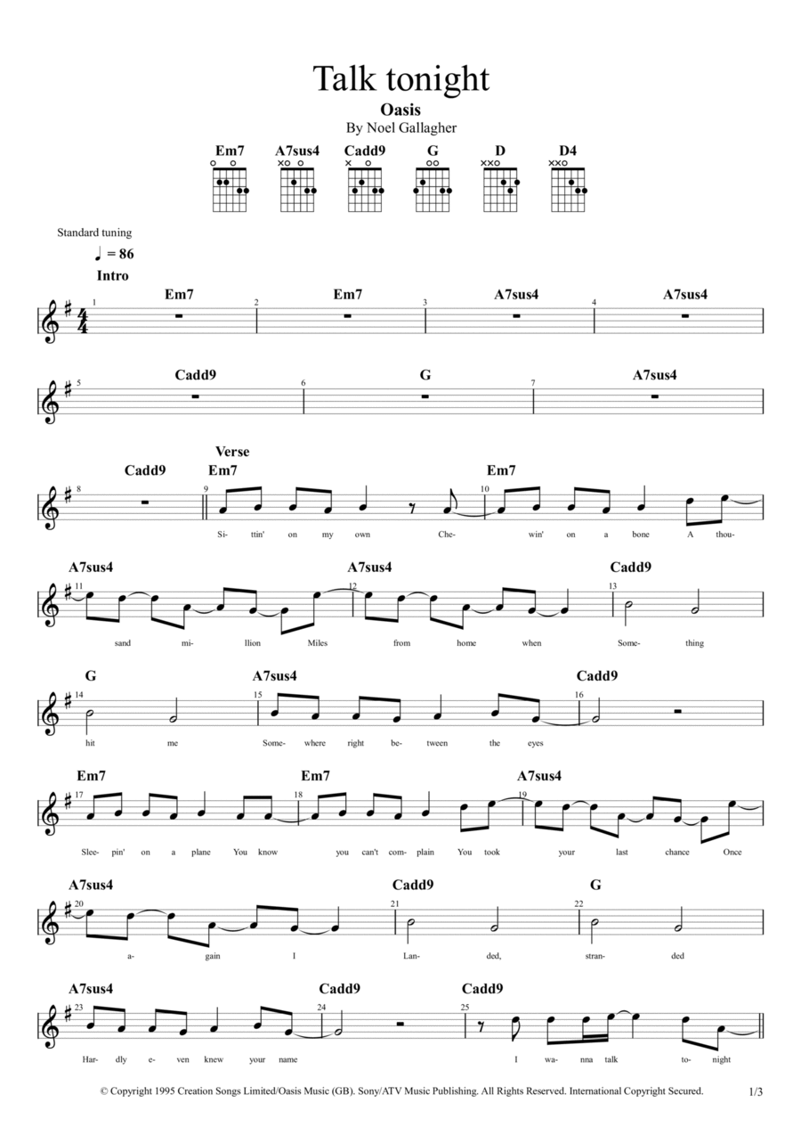 Talk Tonight Piano, Vocal, Guitar scores gallery preview page 1