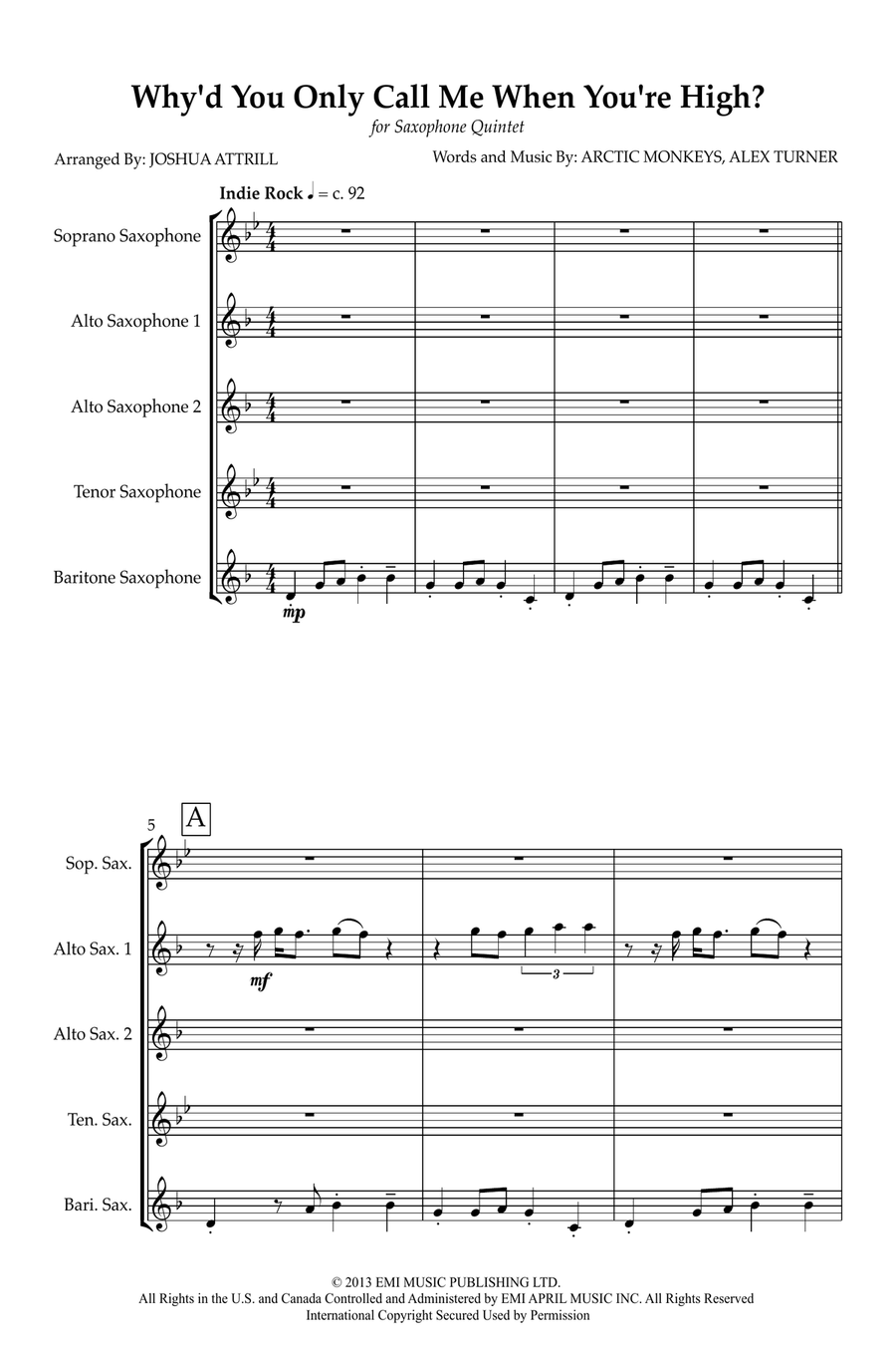 Why D'you Only Call Me When You're High? Saxophone Quintet scores gallery preview page 2