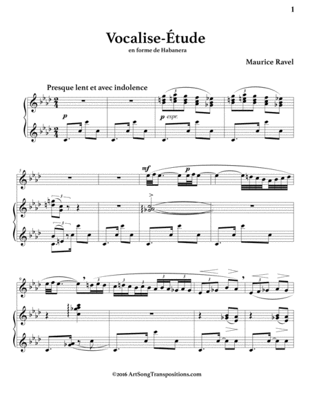 RAVEL: Vocalise-Étude, en forme de Habanera (transposed to F minor)