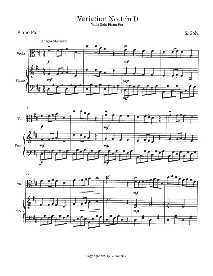 Easy Viola Solo: Variation No 1 in D Major with Piano accompaniment Piano scores gallery preview page 2