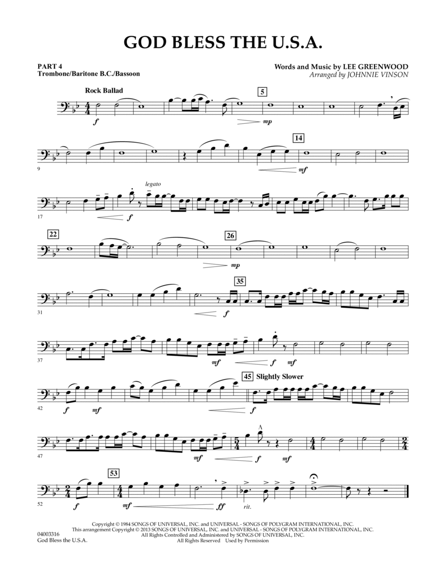 God Bless The U.S.A. - Pt.4 - Trombone/Bar. B.C./Bsn. Concert Band scores gallery preview page 1