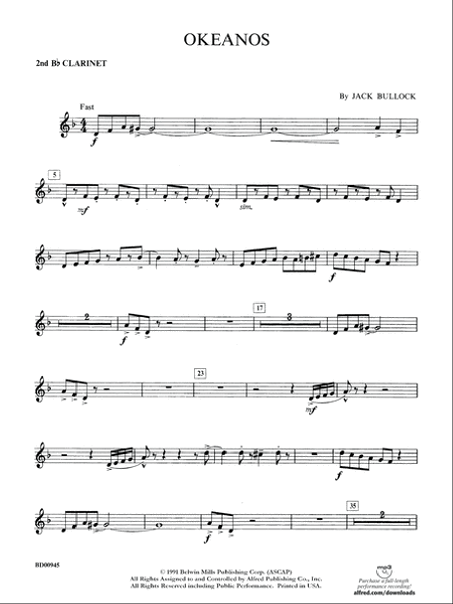 Okeanos: 2nd B-flat Clarinet Concert Band scores gallery preview page 1