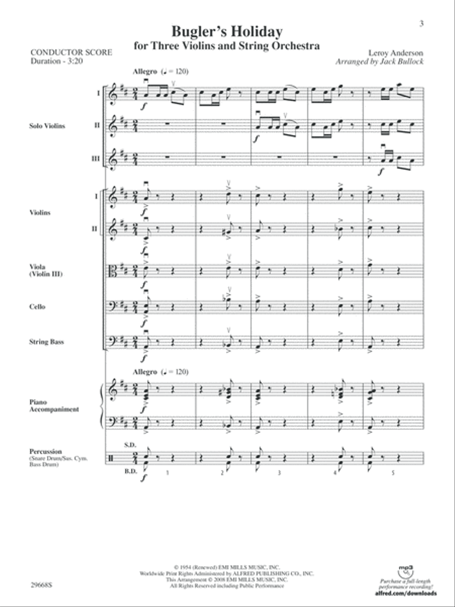 Bugler's Holiday for Three Violins and String Orchestra: Score String Orchestra scores gallery preview page 3