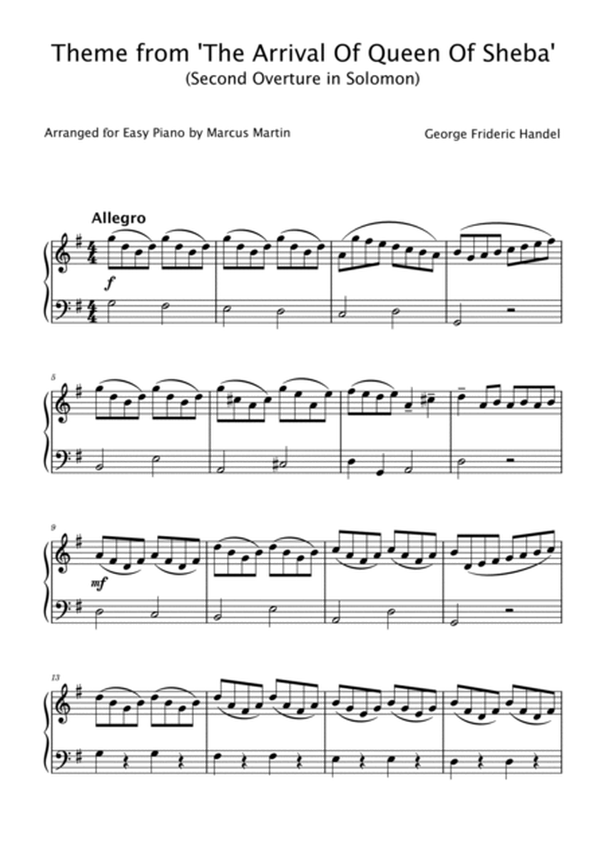 Theme from 'The Arrival of the Queen of Sheba' for easy Piano