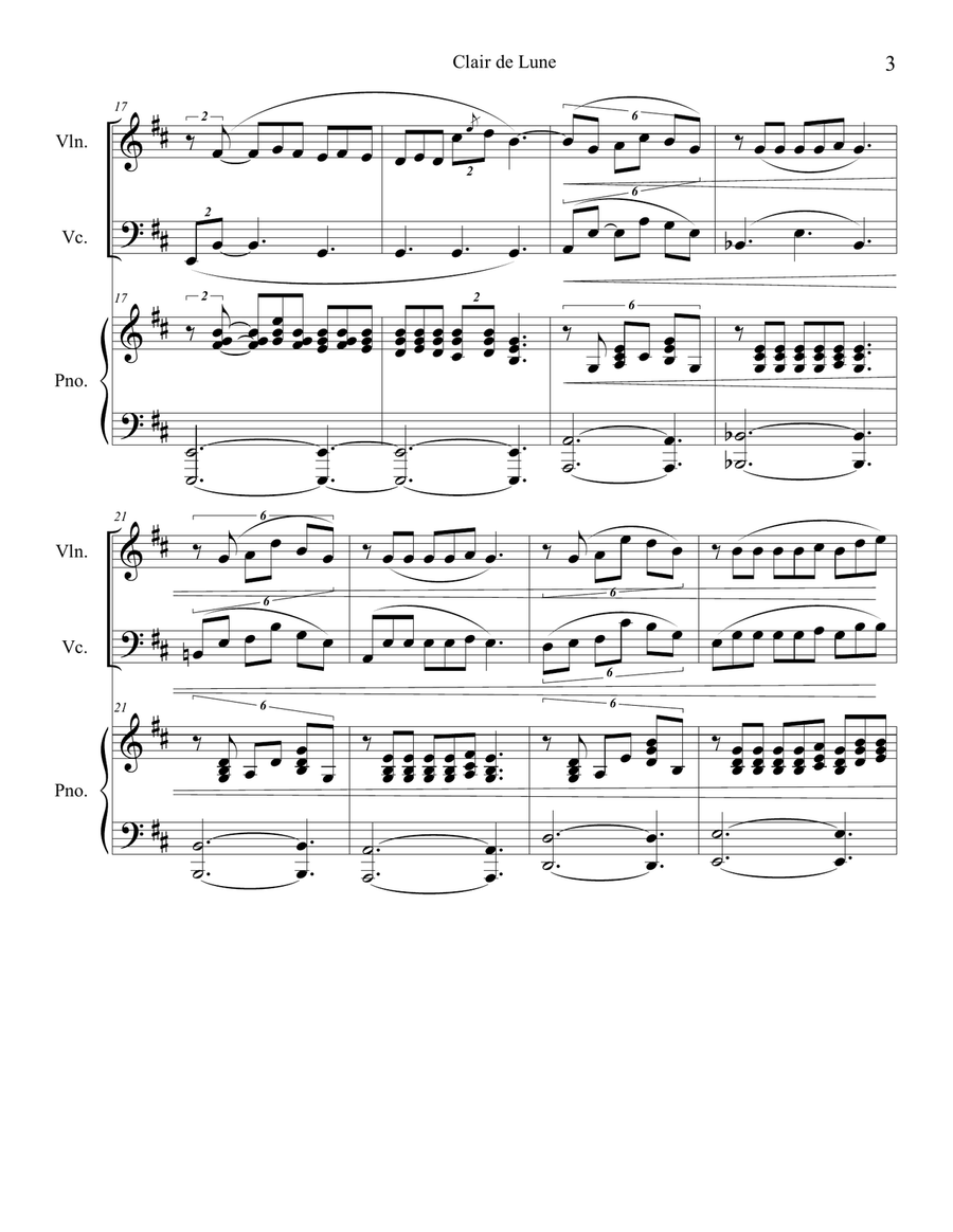 Clair de Lune (Violin and Cello Duet) with piano accompaniment Piano Trio scores gallery preview page 3