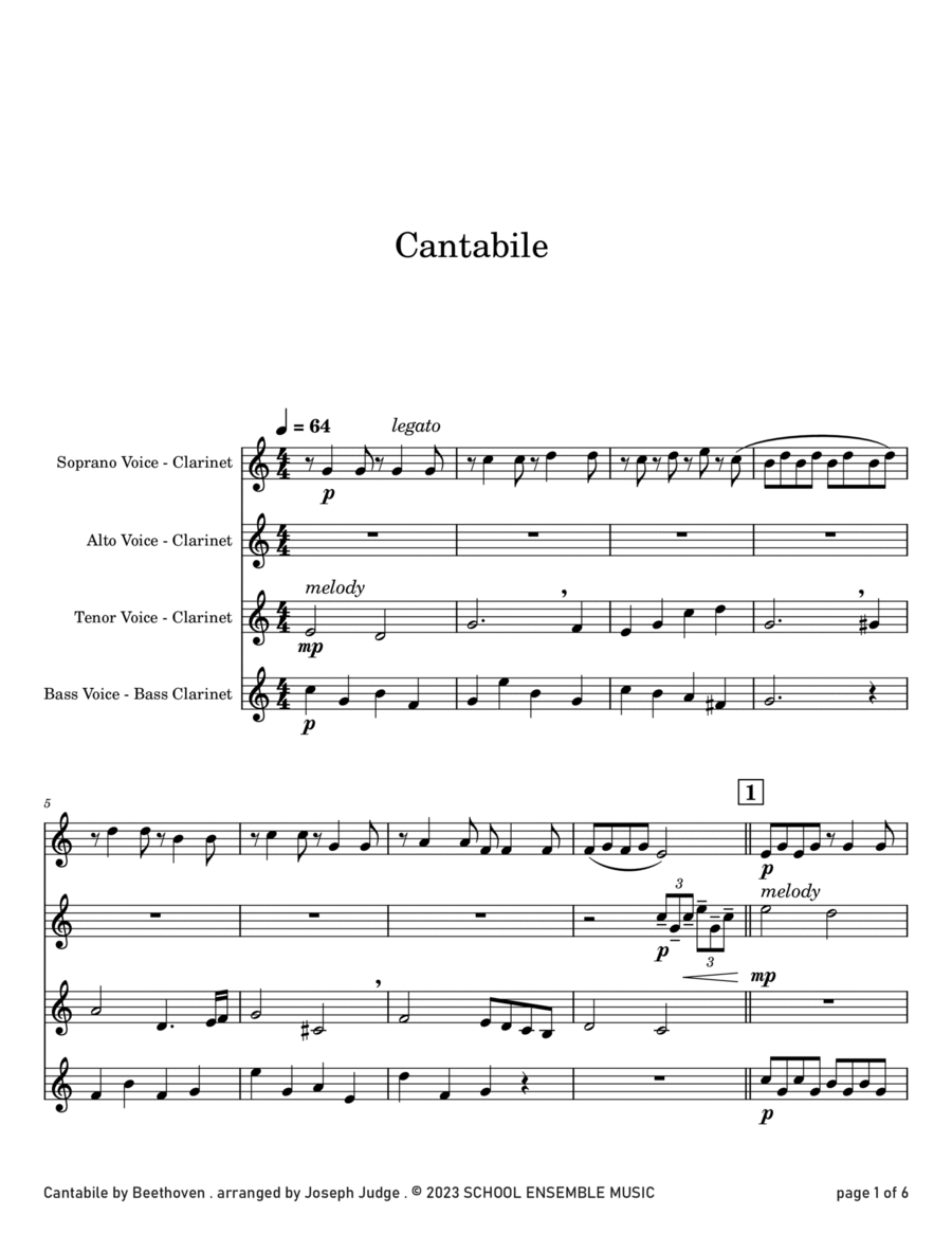 Cantabile by Beethoven for Clarinet Quartet in Schools Clarinet Quartet scores gallery preview page 1