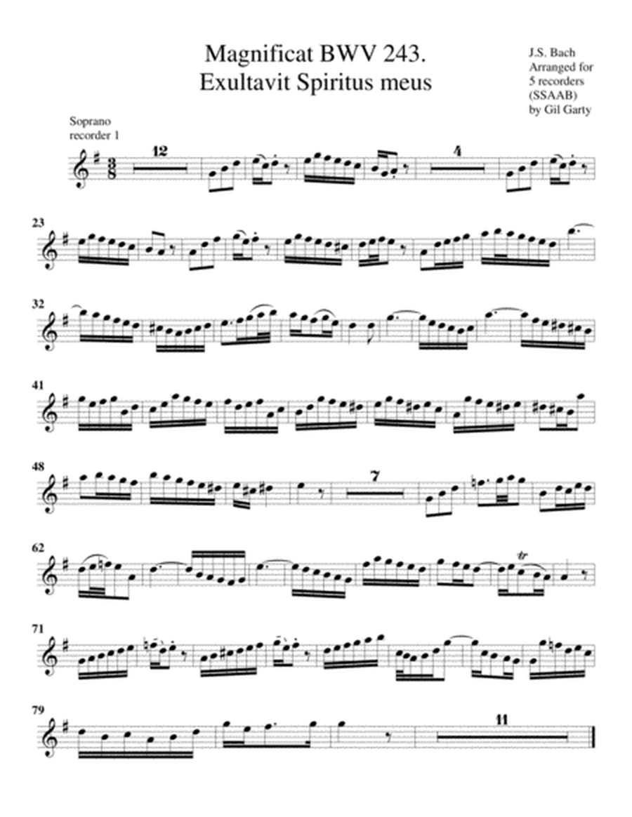 Et exultavit Spiritus meus from Magnificat, BWV 243 (arrangement for 5 recorders)