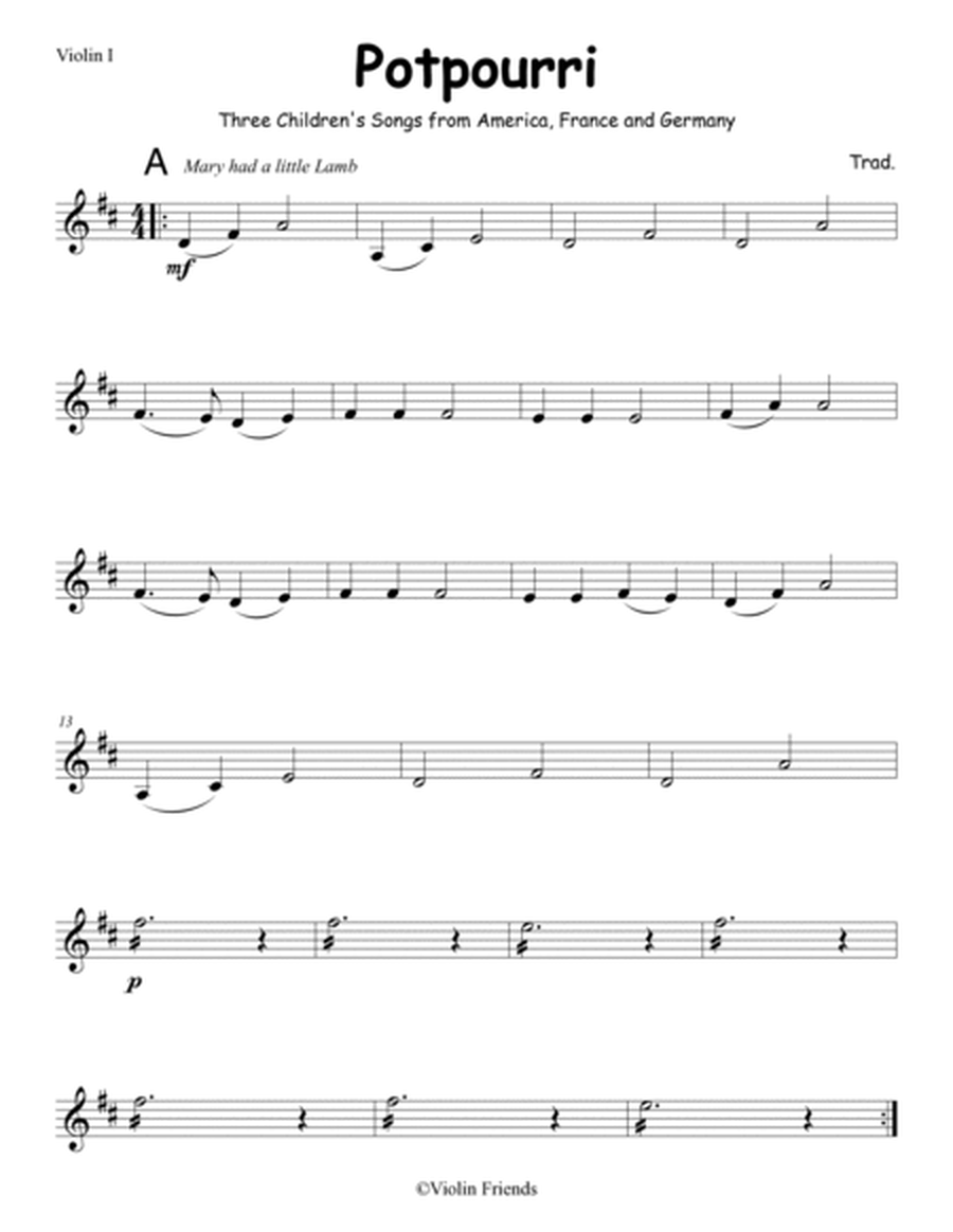 Sheet music for Violin Quartet: Potpourri of three Children's Songs image number null