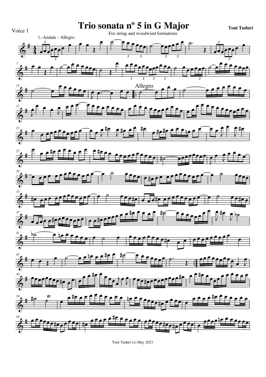 Trio sonata nº5 in G Major for flute, violin & cello or 2 violins & cello and basso continuo (PARTS Small Ensemble scores gallery preview page 1