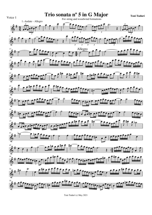 Trio sonata nº5 in G Major for flute, violin & cello or 2 violins & cello and basso continuo (PARTS