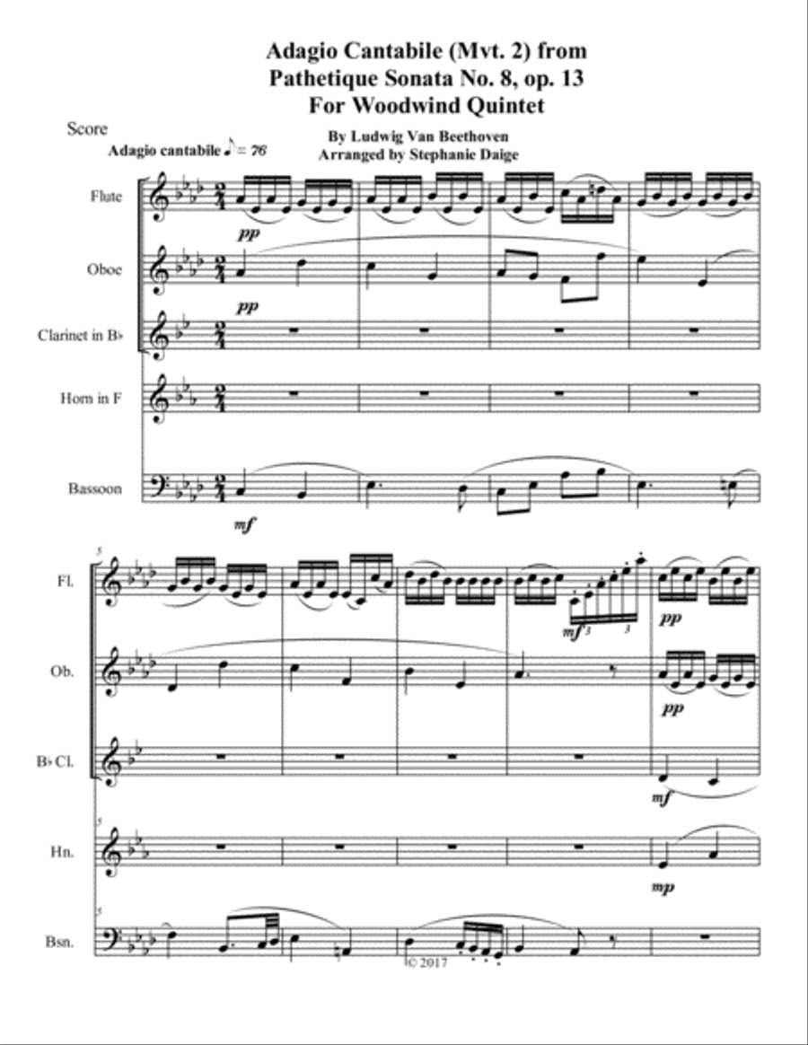 Adagio Cantible from Beethoven's Pathetique Sonata for Woodwind Quintet Woodwind Quintet scores gallery preview page 3
