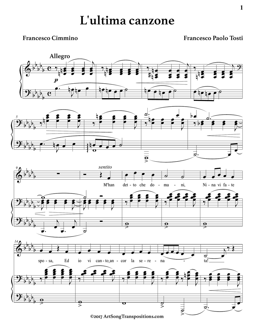 TOSTI: L'ultima canzone (transposed to B-flat minor) Piano, Vocal scores gallery preview page 2