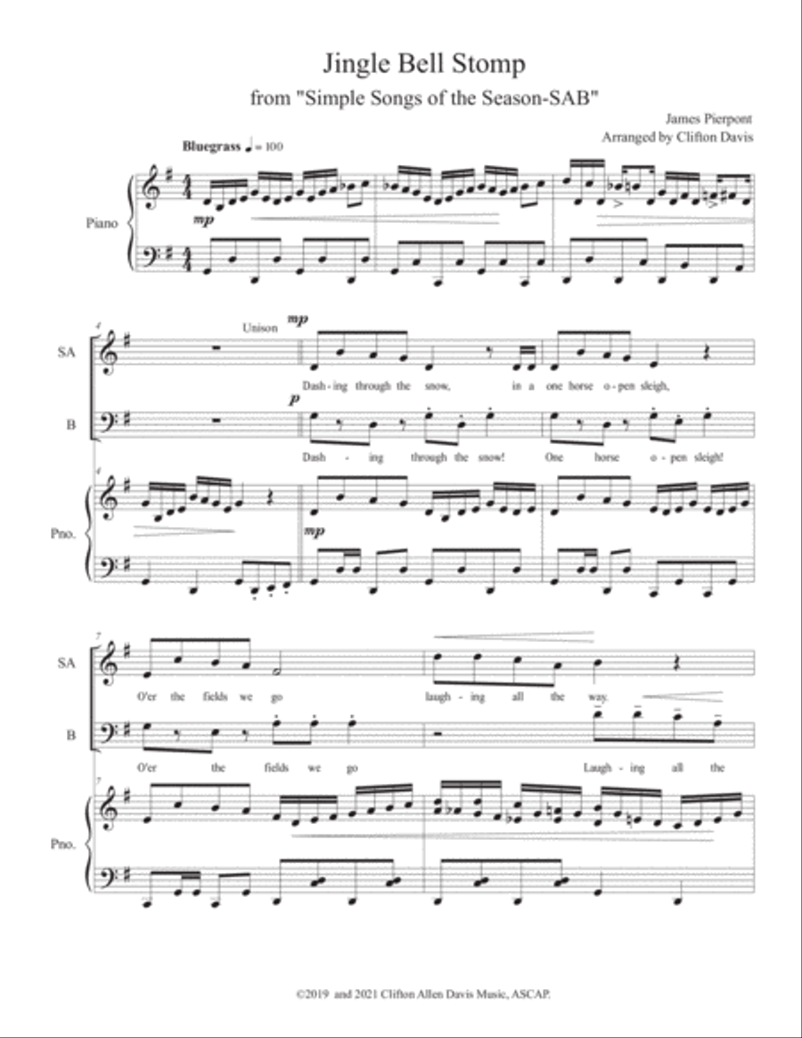 Jingle Bell Stomp for SAB choir and piano, arr. by Clifton Davis 3-Part scores gallery preview page 2