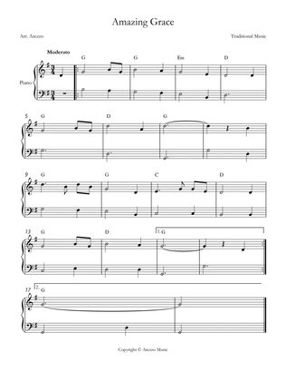 Jonh Newton amazing grace easy piano sheet music chord symbols g major 