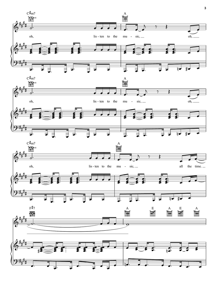 Listen To The Music Piano, Vocal, Guitar scores gallery preview page 3