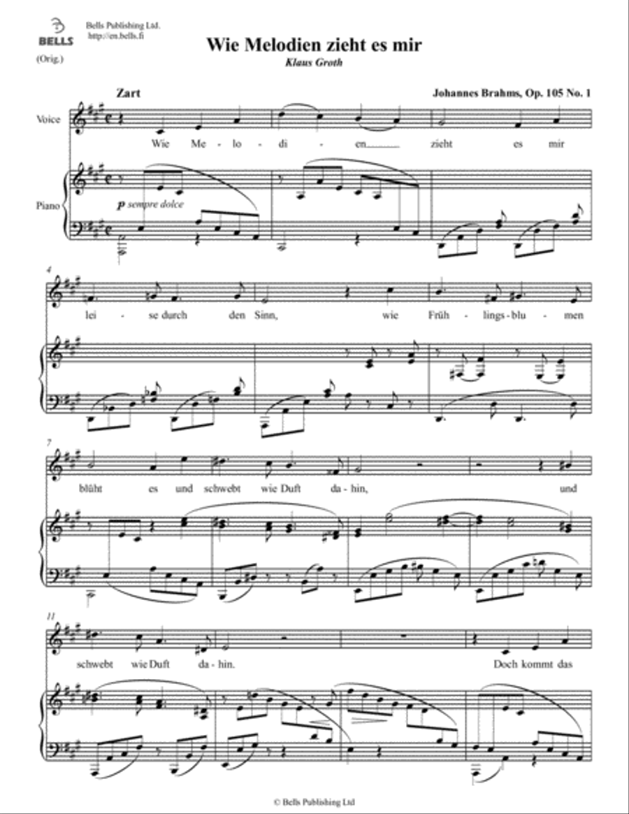Wie Melodien zieht es mir, Op. 105 No. 1 (Original key. A Major) Voice Solo scores gallery preview page 1