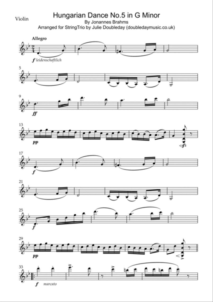 Brahms Hungarian Dance No. 5 in G Minor for String trio String Trio scores gallery preview page 4