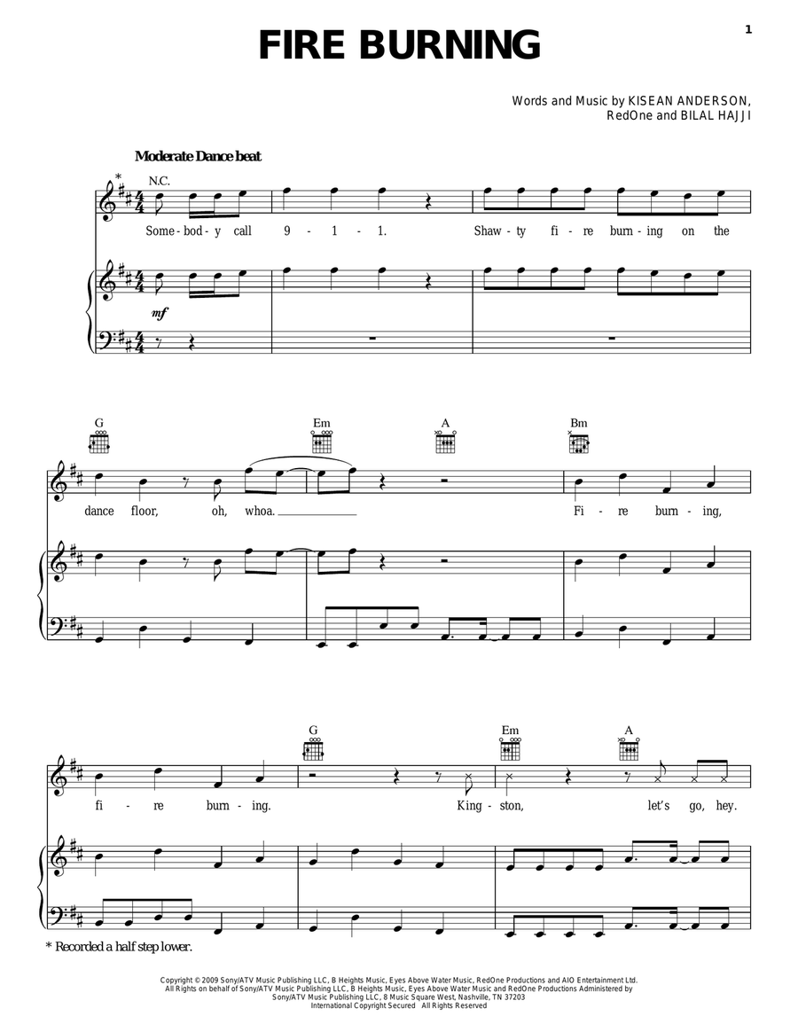 Fire Burning Piano, Vocal, Guitar scores gallery preview page 1