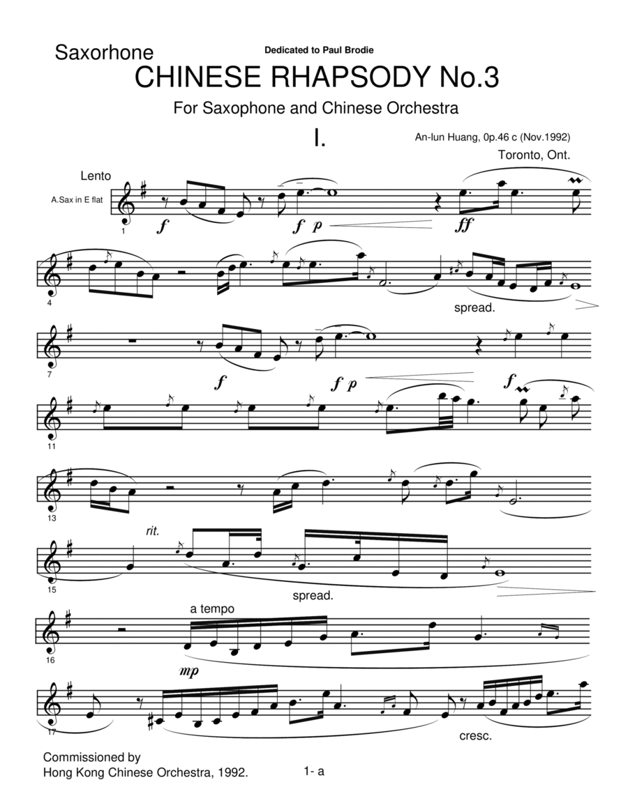 CHINESE RHAPSODY No.3 For Saxophone with different ensembles, Op.46(1988) [solo part] Alto Saxophone scores gallery preview page 1