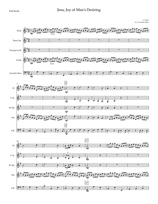 Jesu, Joy of Man's Desiring (J. S. Bach) for Flute, Tenor Sax, Trumpet, Violin and Double Bass