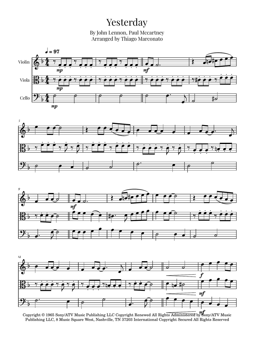 Yesterday String Trio scores gallery preview page 1