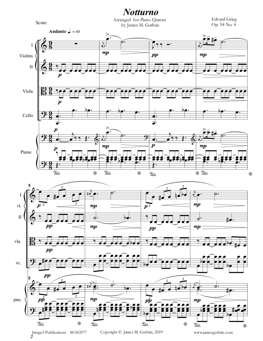 Grieg: Notturno Op. 54 No. 4 for Piano Quintet Piano Quintet scores gallery preview page 1