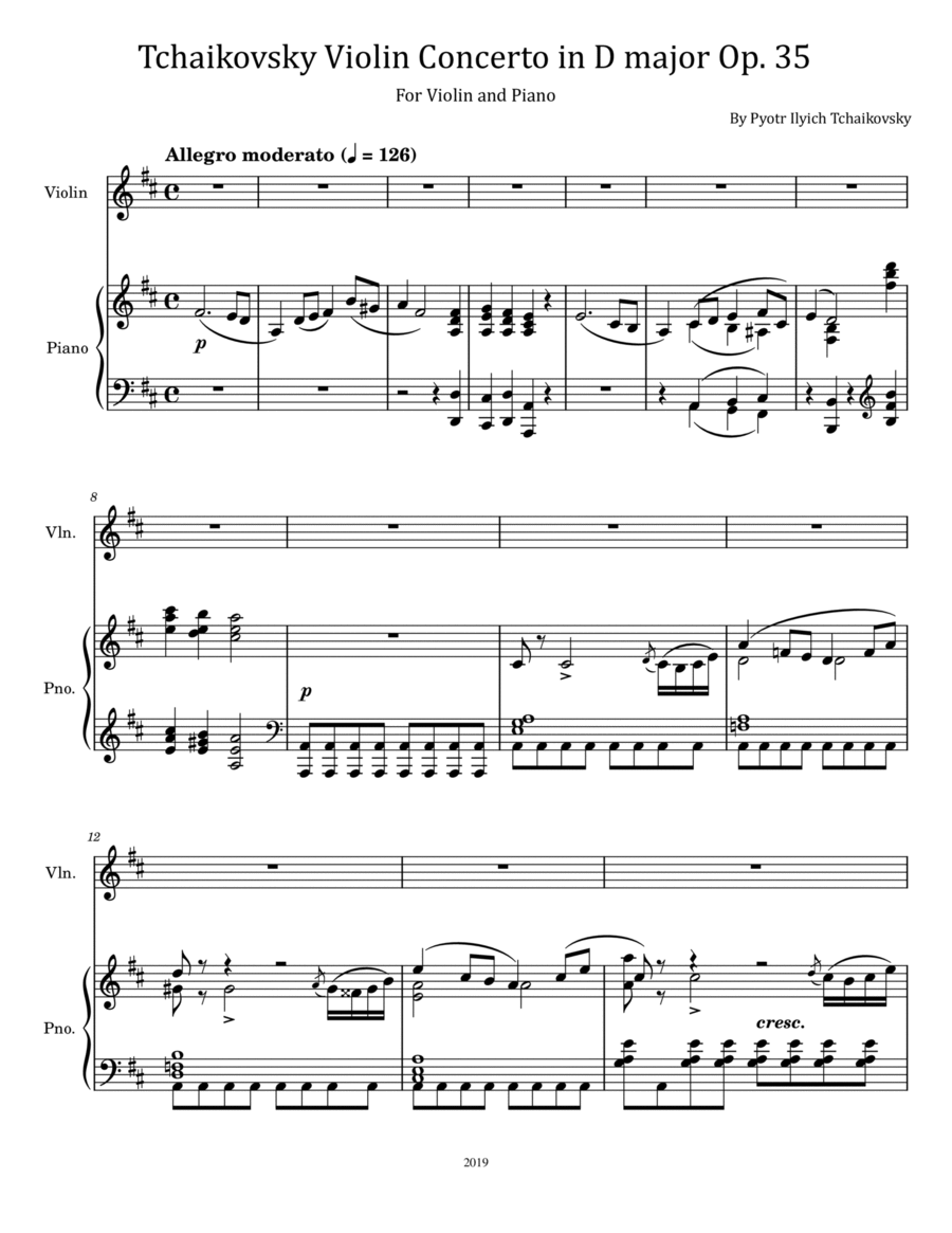 Tchaikovsky Violin Concerto in D major, Op. 35 - For Violin and Piano Violin Solo scores gallery preview page 1