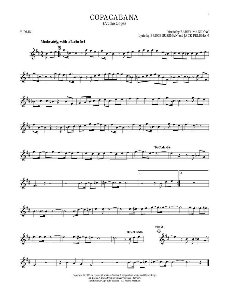 Copacabana (At The Copa) Copacabana (At The Copa) Violin Solo scores gallery preview page 1