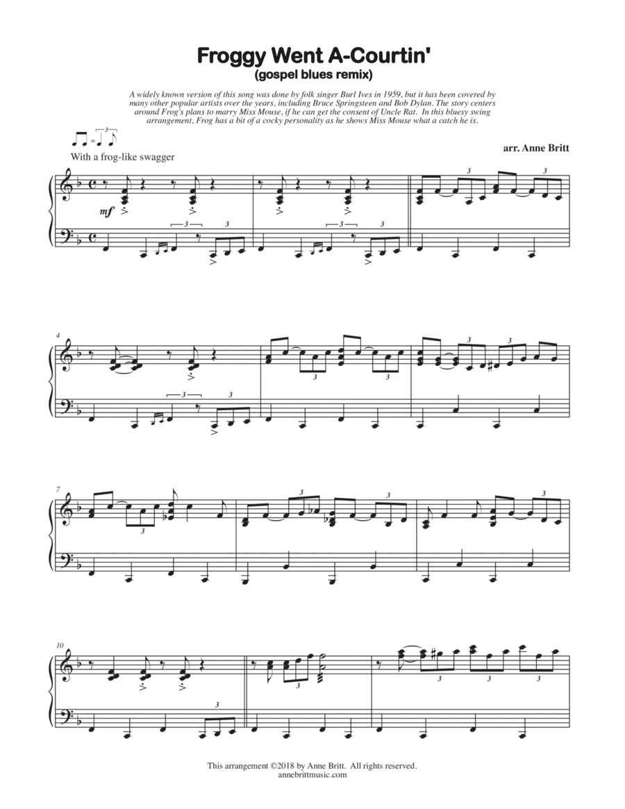 Froggy Went A-Courtin' (gospel blues remix) - early intermediate version Piano Solo scores gallery preview page 1