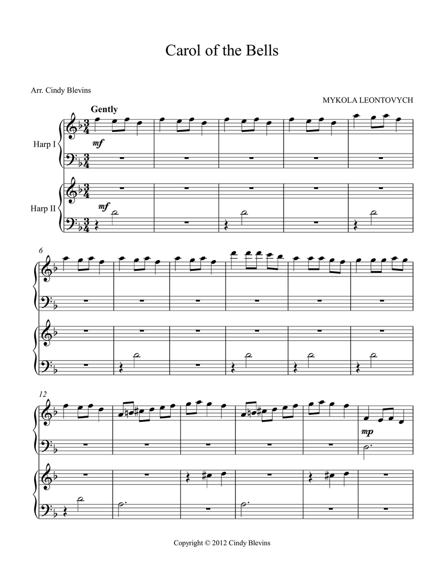 Carol of the Bells, for Harp Duet Harp scores gallery preview page 2