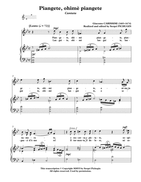 CARISSIMI, Giacomo: Piangete, ohimè piangete, cantata for Voice (Soprano/Tenor) and Piano (G minor) image number null