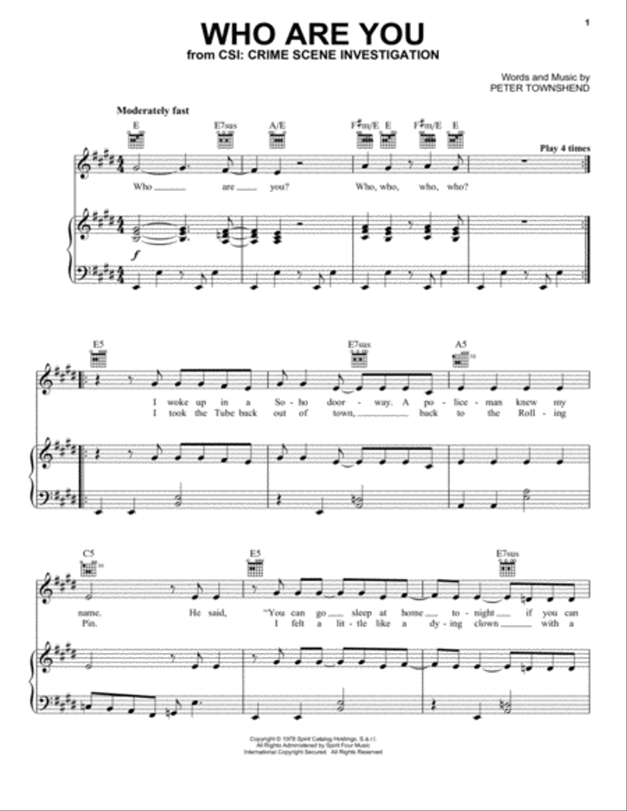 Who Are You (from CSI: Crime Scene Investigation) Piano, Vocal, Guitar scores gallery preview page 1
