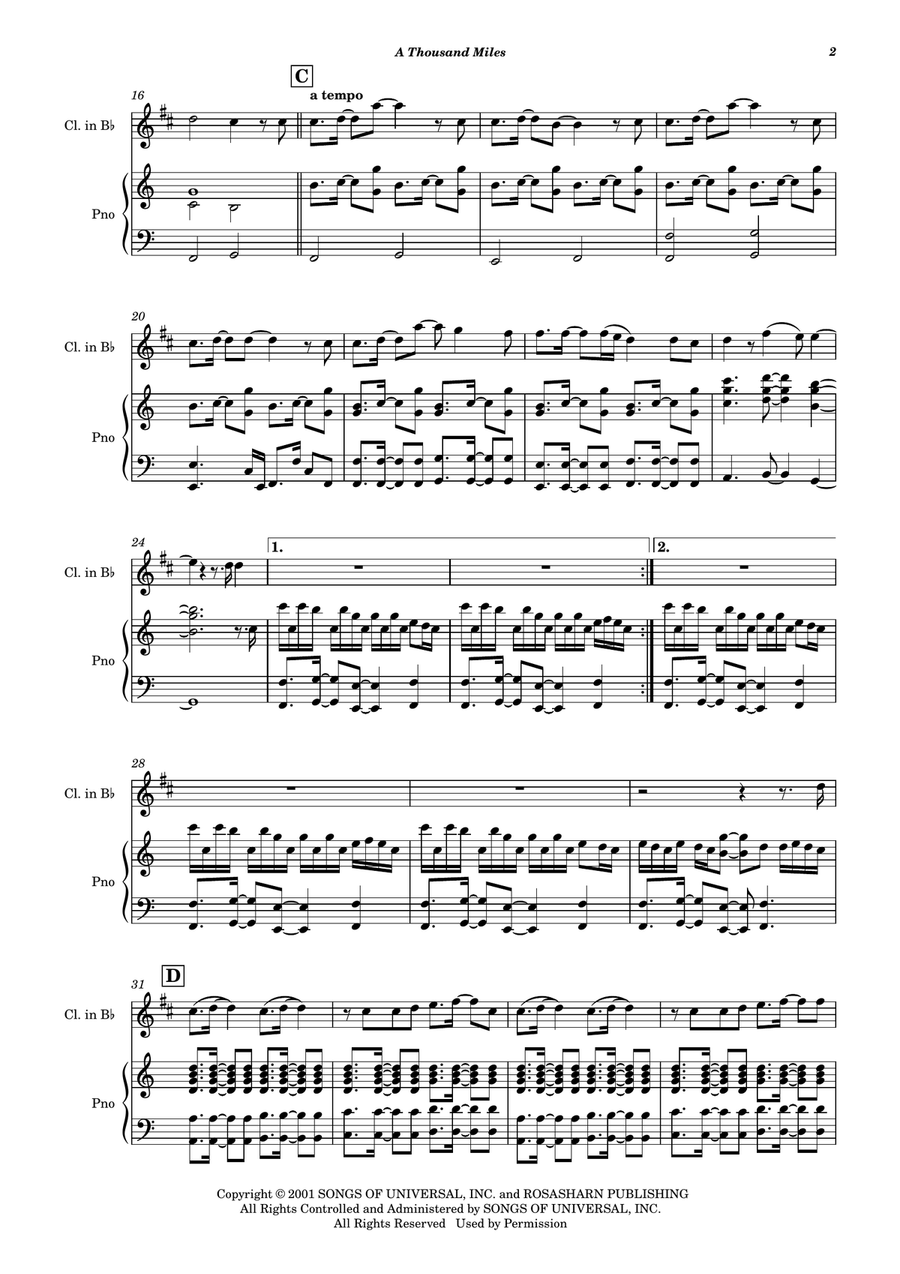 A Thousand Miles B-Flat Clarinet scores gallery preview page 3