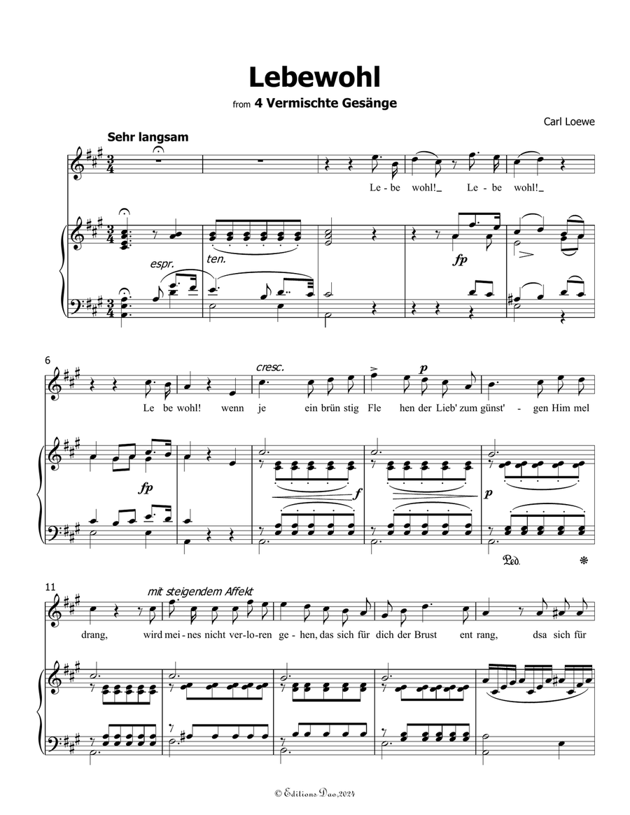 Lebewohl, by Carl Loewe, in A Major Piano, Vocal scores gallery preview page 3