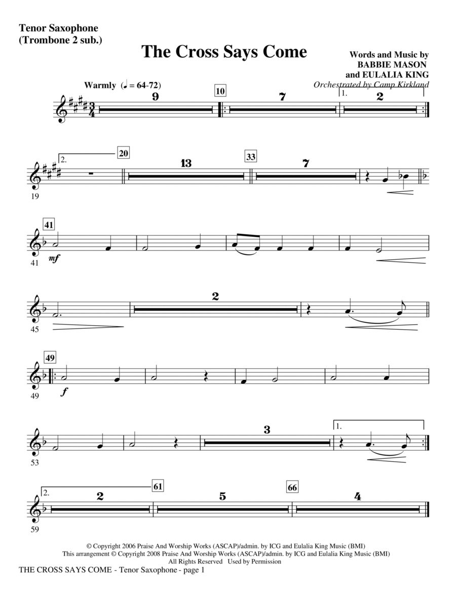 The Cross Says Come - Tenor Sax (Trombone 2 sub) Choir scores gallery preview page 1