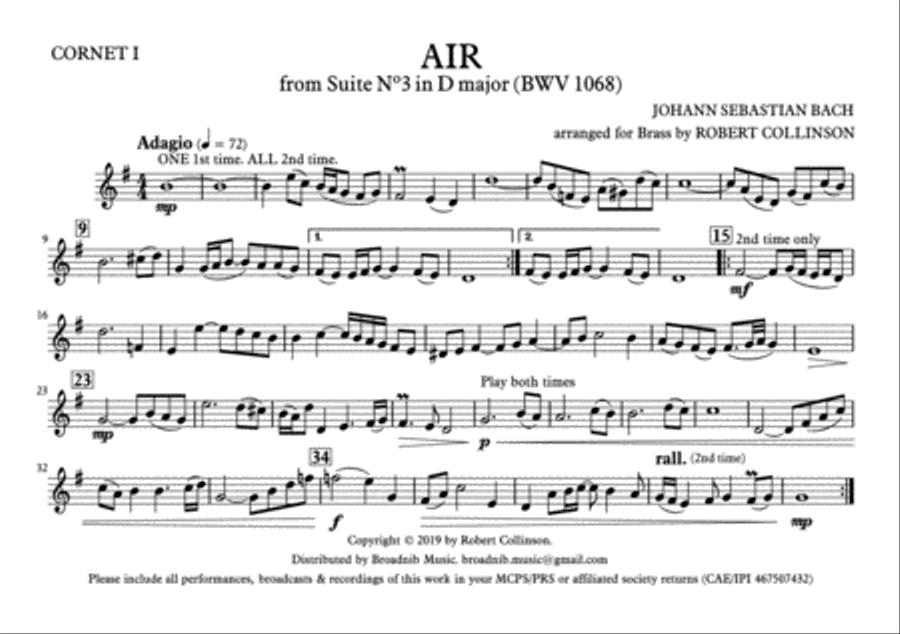 AIR FROM SUITE IN D (BWV 1068) (Bach) - March card parts (A5) only Brass Ensemble scores gallery preview page 1