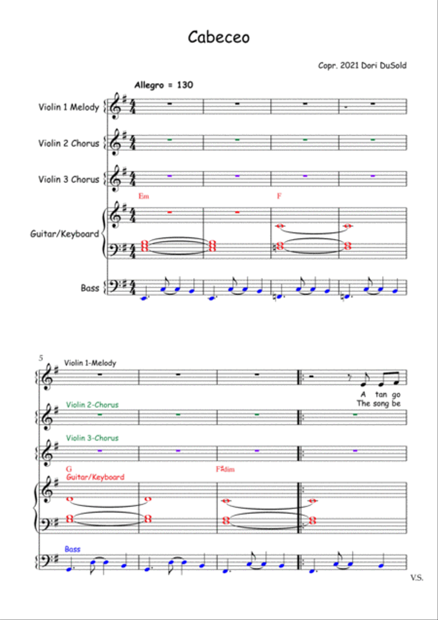 Cabeceo - Music score for tango ensemble (violin, guitar/keyboards, bass) Full Orchestra scores gallery preview page 2