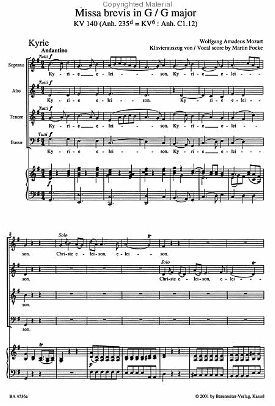 Missa brevis G major, KV 140 (Anh. 235d) 4-Part scores gallery preview page 3