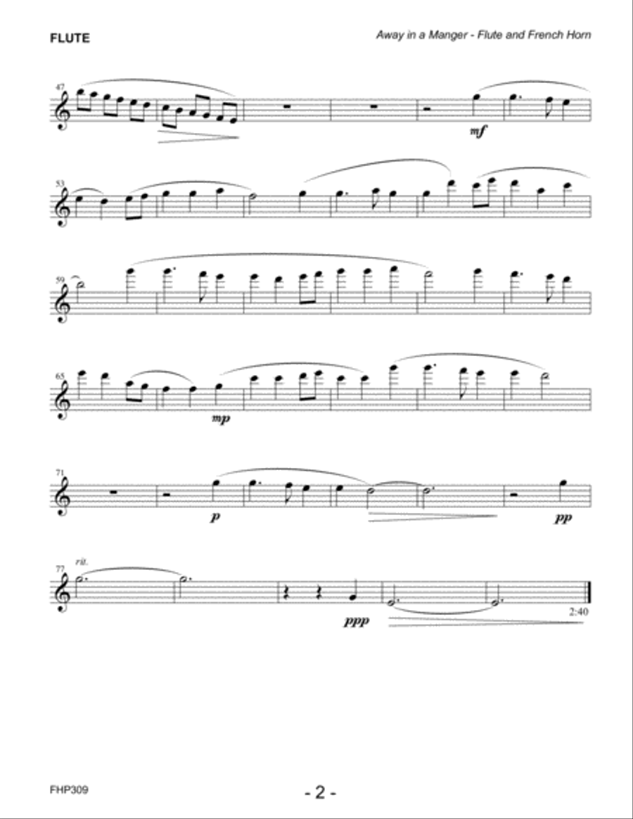 AWAY IN A MANGER for FLUTE & HORN with Piano Accompaniment Woodwind Duet scores gallery preview page 6