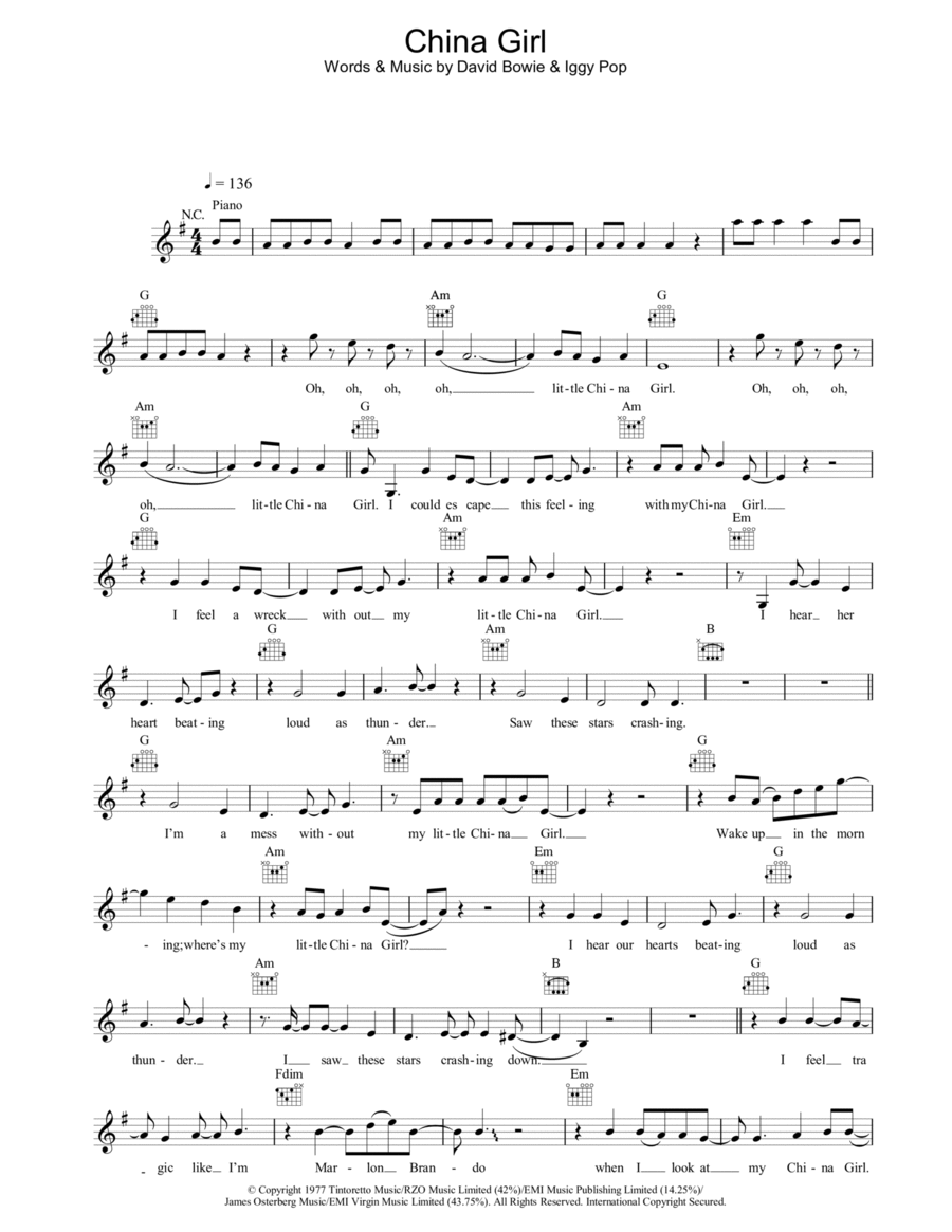 China Girl China Girl Piano scores gallery preview page 1