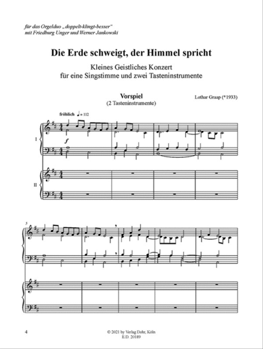 Die Erde schweigt, der Himmel spricht für Stimme und zwei Tasteninstrumente -Kleines Geistliches Konzert- by Lothar Graap Performance Score - Sheet Music page 2