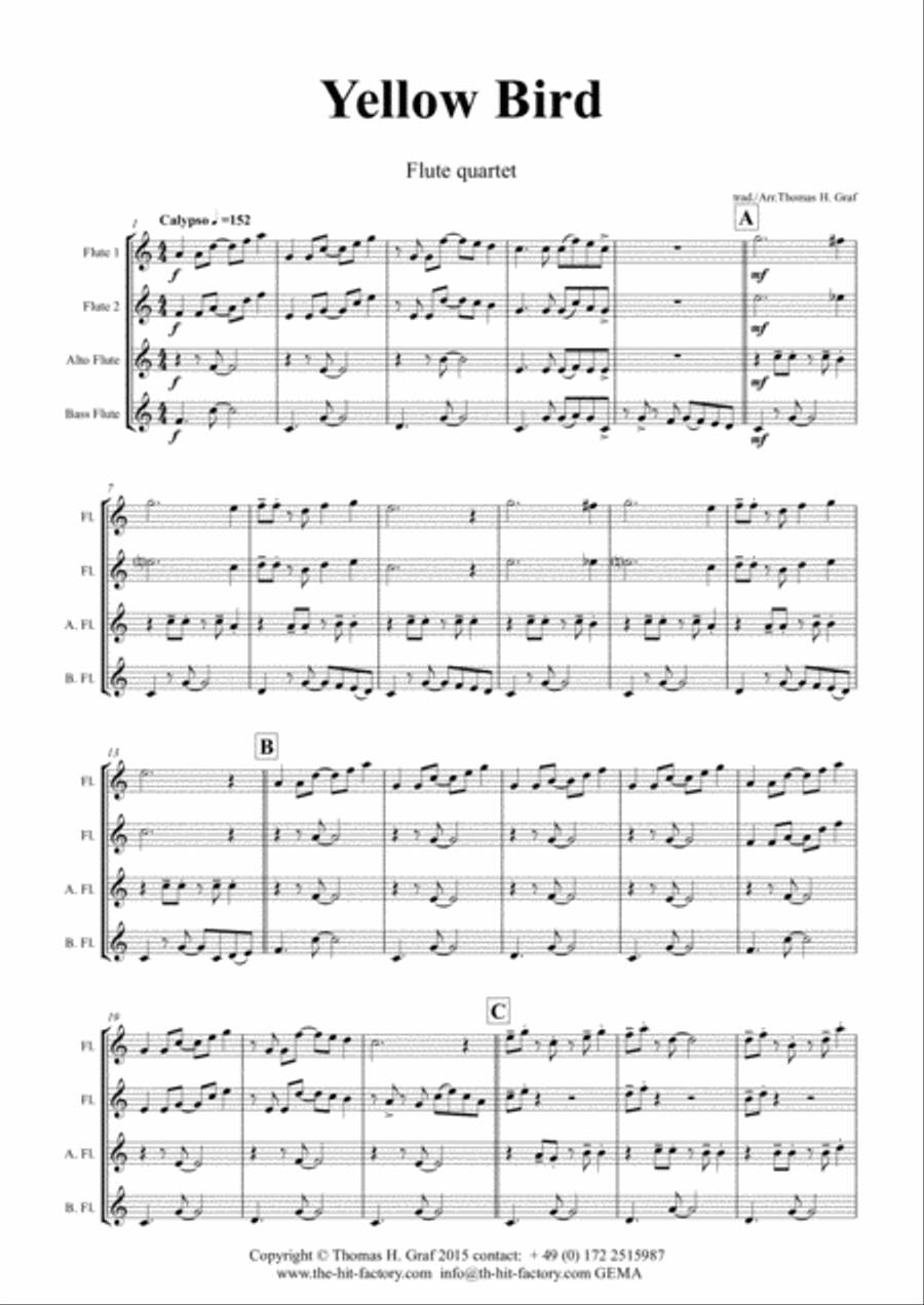 Yellow Bird - Haitian Folk Song - Calypso - Flute Quartet Flute Quartet scores gallery preview page 2
