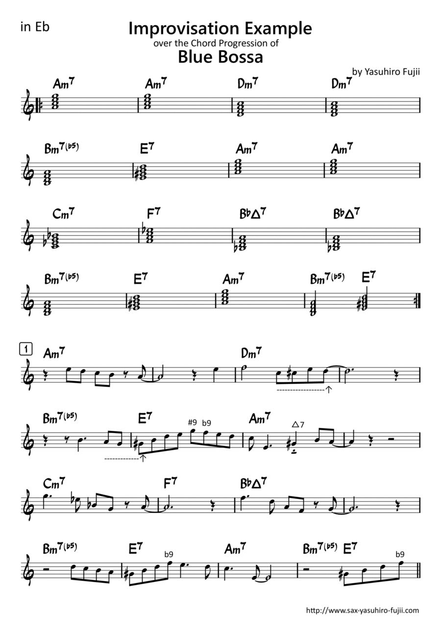 Improvisation Example over the Chord Progression of Blue Bossa (Ex1 & Ex2) for Alto Saxophone Alto Saxophone scores gallery preview page 1