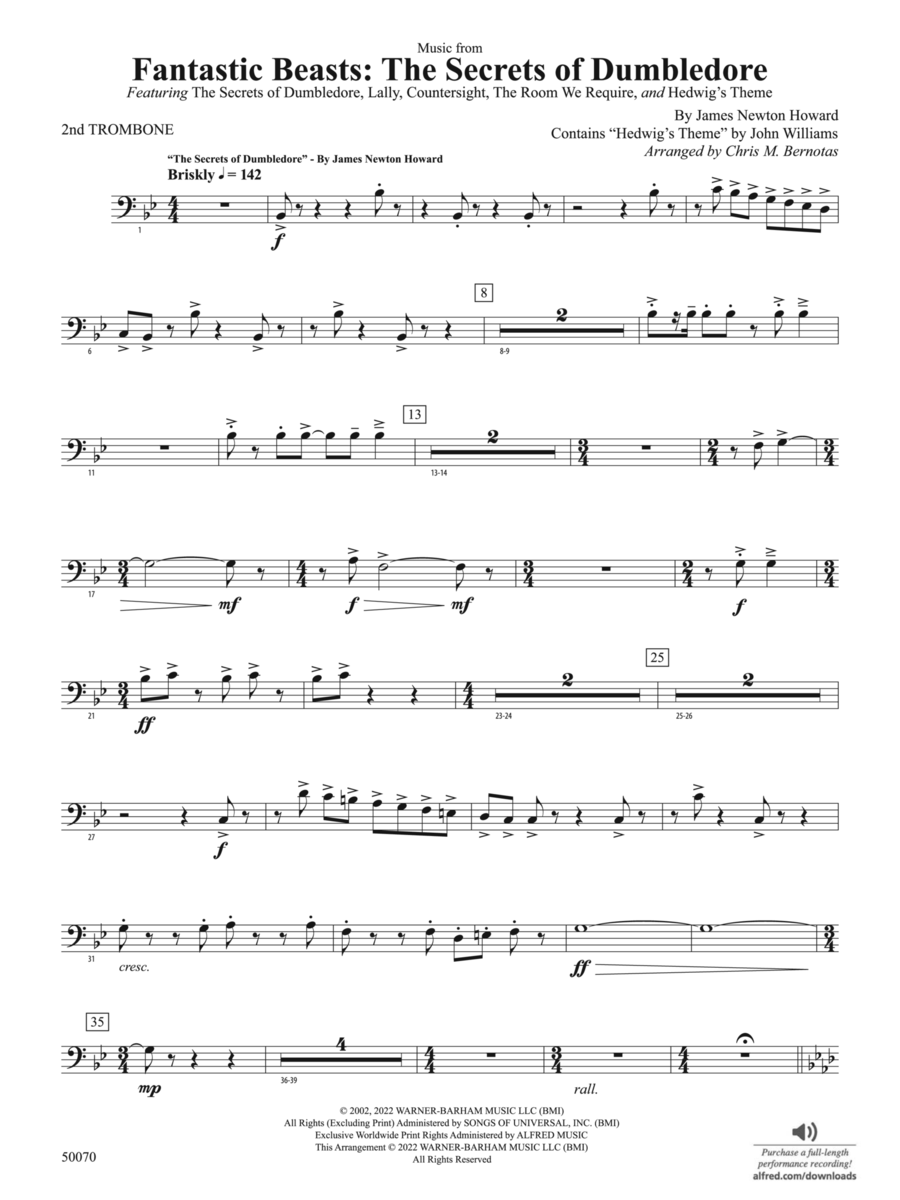Fantastic Beasts: The Secrets of Dumbledore: 2nd Trombone Concert Band scores gallery preview page 1
