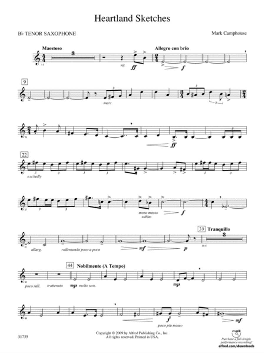 Heartland Sketches: B-flat Tenor Saxophone Concert Band scores gallery preview page 1