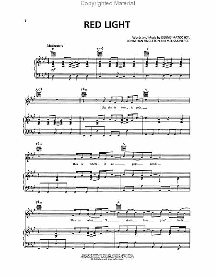 Red Light Red Light Piano, Vocal, Guitar scores gallery preview page 2
