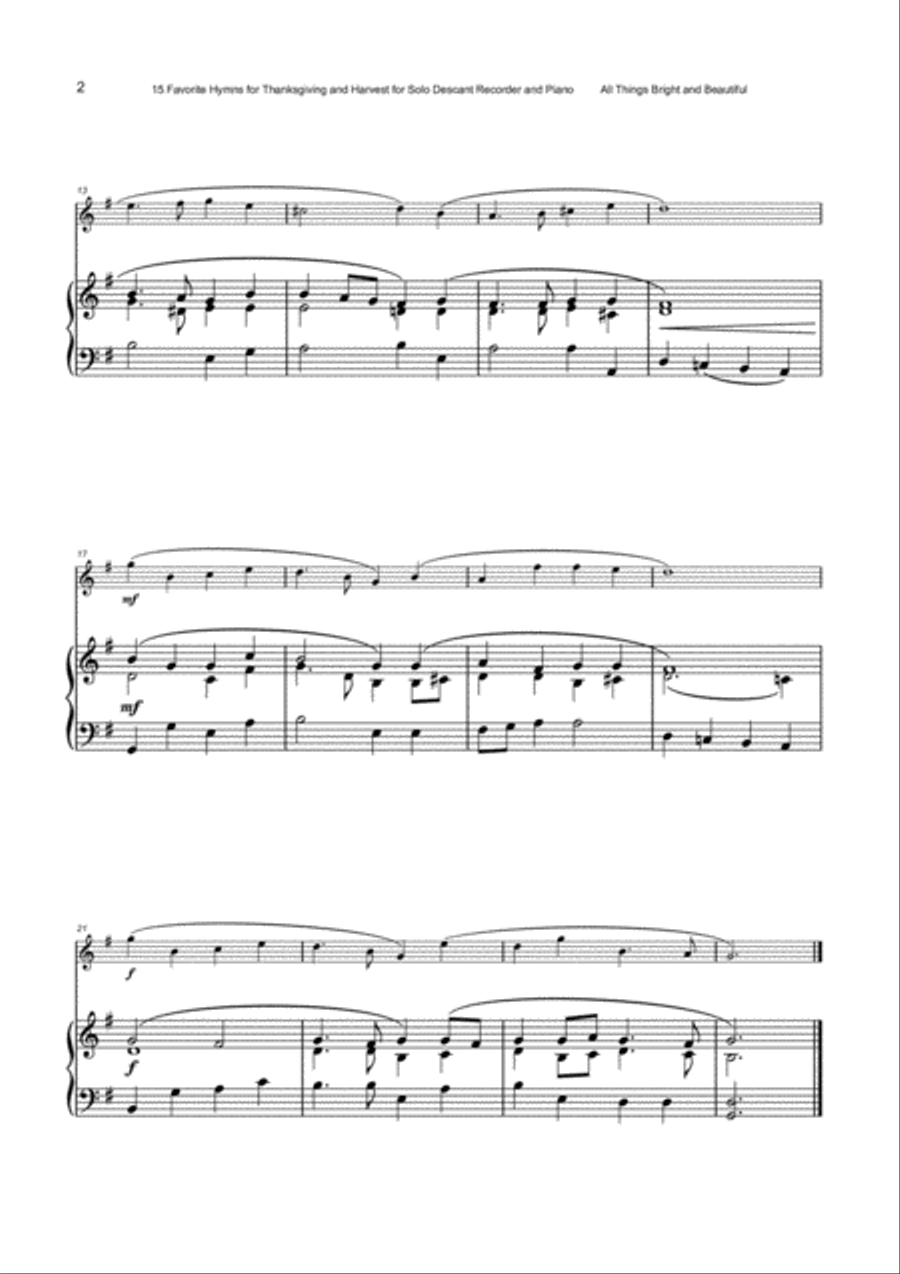 15 Favourite Hymns for Thanksgiving and Harvest for Descant Recorder and Piano Soprano Recorder scores gallery preview page 3