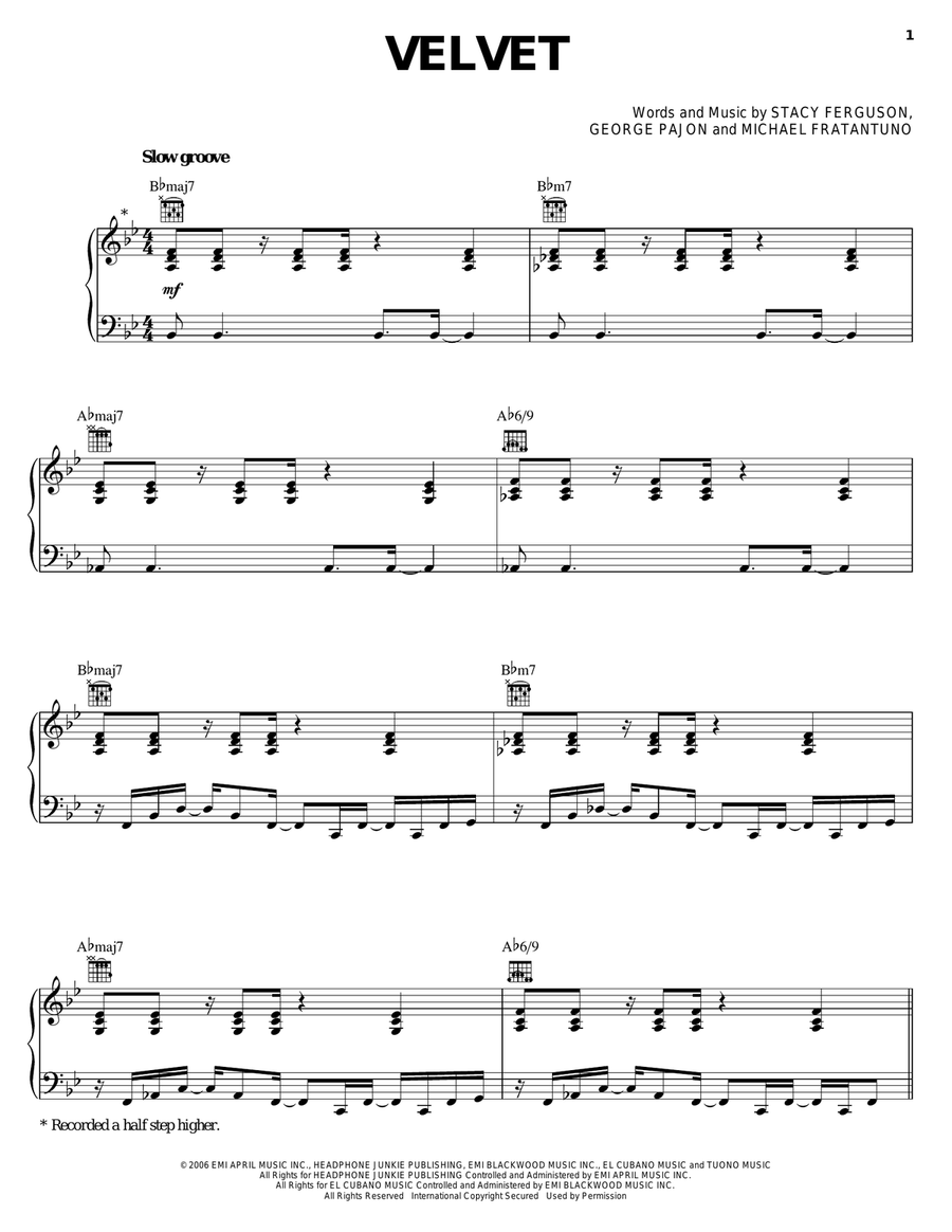 Velvet Piano, Vocal, Guitar scores gallery preview page 1
