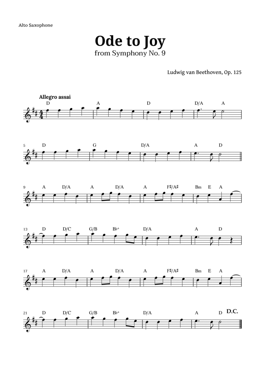 Ode to Joy by Beethoven for Alto Sax with Chords image number null